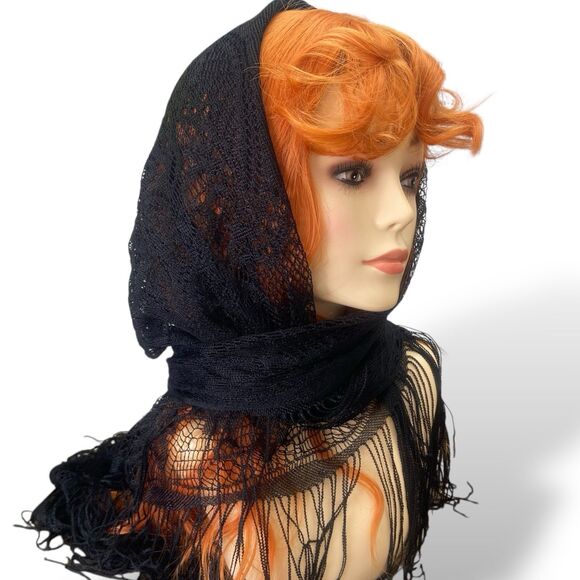 Worthington Black Sheer Shawl Wrap Triangle Fringe Head Cover Lace Mantilla Veil - Picture 3 of 8